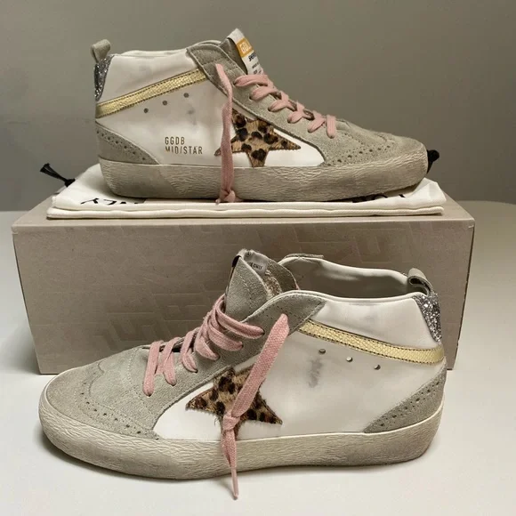 Golden Goose Mid Star Sneaker White Leather/Gold/Leopard Star sz 38 New in Box - Picture 6 of 14